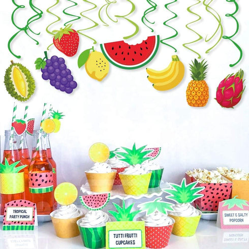 30Ct Tutti Frutti Hanging Swirl Decorations, Tropical Fruit Party Supplies, Summer Birthday Theme, Luau Kids Decor for First 1st Boys Girls Baby S...