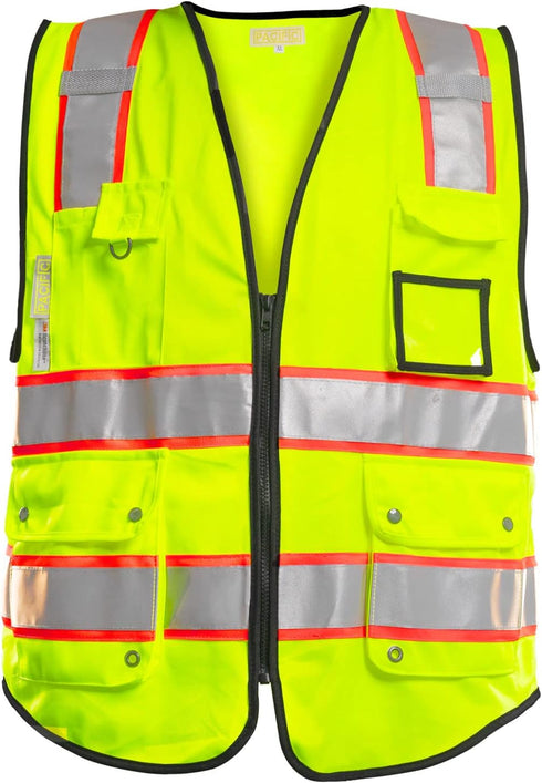 PACIFIC 10 Pockets Safety Vest for Men, 3M High Visibility Reflective Strips with Pockets and Zipper, ANSI Class 2, Yellow, Medium...