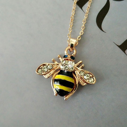 Elegent Crystal Yellow Little Bee Colored Glaze Drip Honey Bee Little Bumblebee Pendant Necklace...