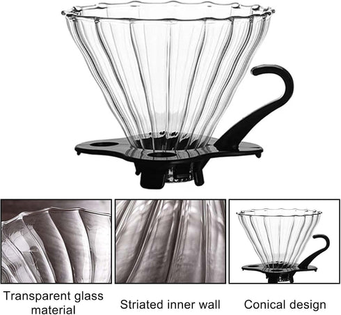 V60 02 Cone Glass Coffee Dripper, 1-4 Cups, Pour Over Coffee Maker, Reusable Coffee Filter Cup, Slow Brewing Accessories for Home, Cafe, Party...