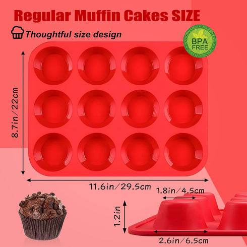 2PCS Thicken-12 Cup Silicone Muffin Pan - Cupcake Baking Pan Great for Making Muffin Cakes, Tart, Bread -Non - Stick Silicone Mold/Dishwasher - Mi...