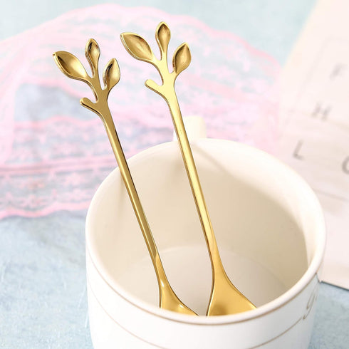 12 pcs Stainless Steel Gold Leaf Coffee Spoon Creative Tableware Dessert Spoons,Tea Sugar Spoons Spoon Set for Ice Cream or Cake, Tea Spoon Set (G...