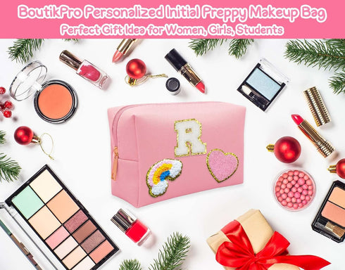Personalized Inital Preppy Makeup Bag Set with Zipper, Monogram Waterproof Travel Cosmetic Bag for Women, Cute Preppy Patch Toiletry Bag for Trave...