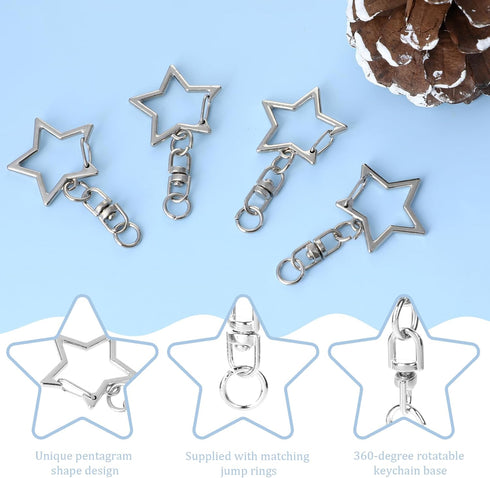 50 Pcs Silver Star Shaped Spring Snap Keychain with Chain Hanging Buckle and Open Jump Ring Star Lobster Claw Clasp Star Keychain Clip for DIY Cra...