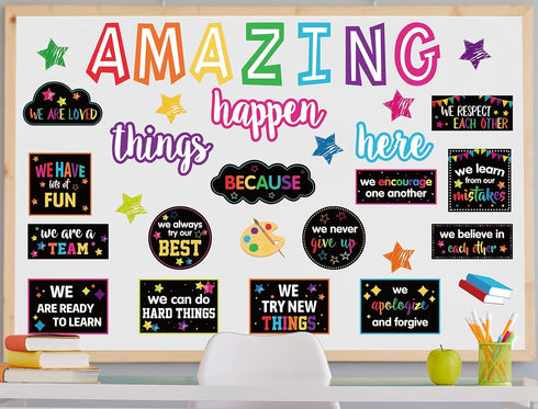 41Pcs Motivational Bulletin Board Decoration Amazing Things Happen Here Paper Cutouts with 100Pcs Glue Points Bulletin Border Stickers for Classro...