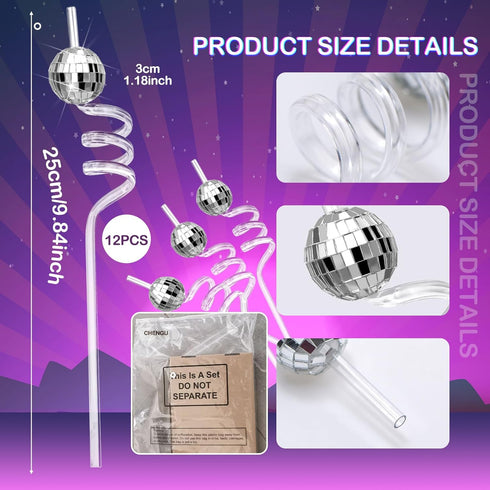 Chengu 12 Pieces 70s Disco Ball Straws Mirror Disco Party Favors Silver 70s Ball Cups Decorative Straws Retro Decorations for Bachelorette Dance P...