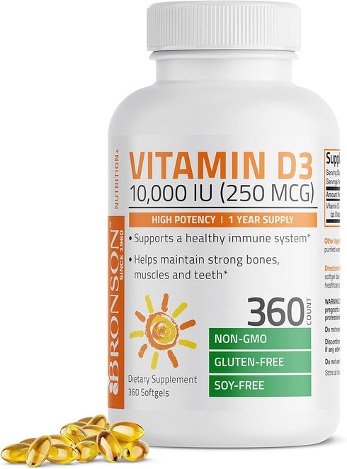 Bronson Vitamin D3 10,000 IU (250 mcg) High Potency - Supports Healthy Immune System, Strong Bones, Muscles & Teeth - Non GMO, 360 Softgels (1 Yea...