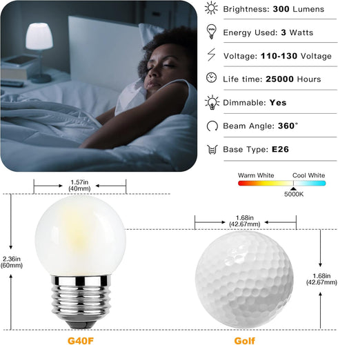 Dimmable 3W LED Bulb Equivalent 25 Watt Light Bulbs, Daylight 5000K, E26 Medium Base, Frosted, 300 Lumens, CRI 90+, G40 3 Watt Edison Bulbs for Ni...