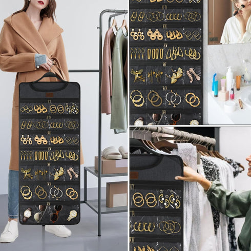 SMRITI Hanging Jewelry Organizer with Dual Zippered Pockets Canvas Double Sided Rotating Hanger Necklace Hanging Wall Organizer Earring Dustproof ...