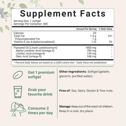 Flaxseed Oil 1400mg Softgels, 300 Counts | w/ 700mg ALA Omega 3, Cold Pressed, Rich in Fatty Acids, Alpha Linolenic Acid, Support Heart Health & I...