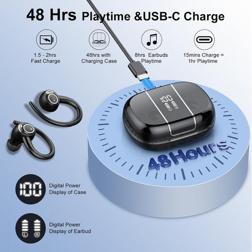 Headphones Wireless Earbuds Sport, Bluetooth 5.3 Over Ear Buds Stereo Deep Bass Headset with Earhooks, 48H Wireless Earphones with HD Mic, IP7 Wat...