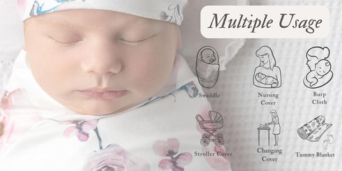 Newborn Receiving Blanket and Headband Set Flower Print Baby Swaddle Wrap Floral (Pink 3)...
