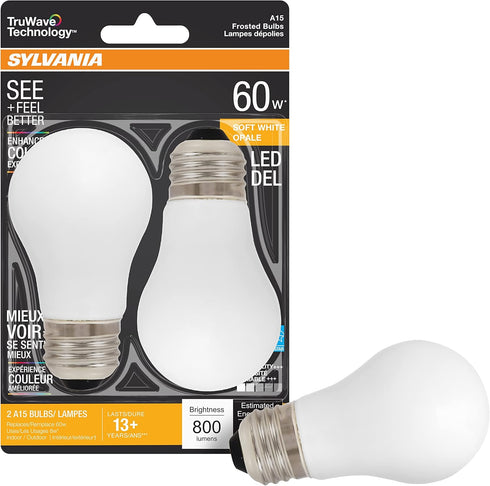 SYLVANIA LED TruWave Natural Series Ceiling Fan / Fixture Light Bulb, 40W A15 Soft White Medium Base, Dimmable, Frosted - 2 Pack...