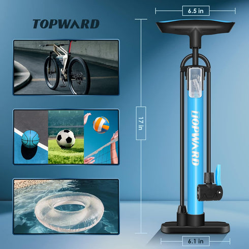 Bicycle Tire Pump Portable, Hand Air Pump for Bike Exercise Balls Inflatables, Fits Presta & Schrader Valve, Bike Floor Pump with Ball Pump Needle...