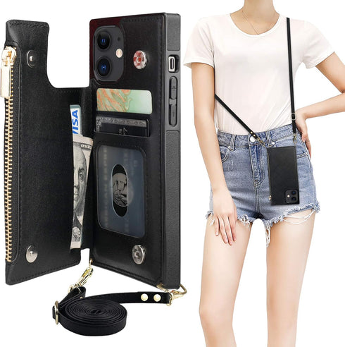 Bocasal Crossbody Wallet Case for iPhone 12/12 Pro with Card Holder,Zipper Card Slot Protector Shockproof Purse Cover with Removable Cross Body St...