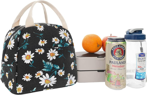 EurCross Women's Lunch Bags for Work with Chic Floral Daisy Pattern,Canvas Stylish and Insulated Black Lunch Tote Bento box Bag Carrier of On-the-...