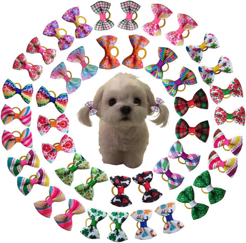 100Pcs Pet Dog Hair Bows Bowknot Topknot with Rubber Bands Cat Puppy Headdress Grooming Hair Accessories Random Color...
