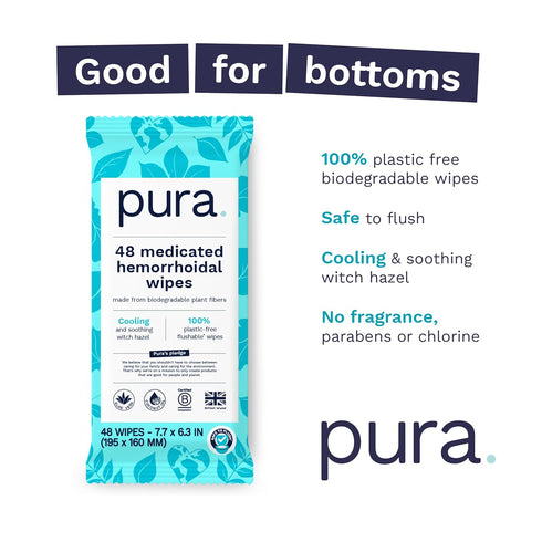Pura Flushable Hemorrhoid Wipes, 1 x 48 Wipes, Medicated Wipes with 50% Cooling Witch Hazel, Soothing Coconut Oil & Aloe Vera, Fast Acting Relief,...