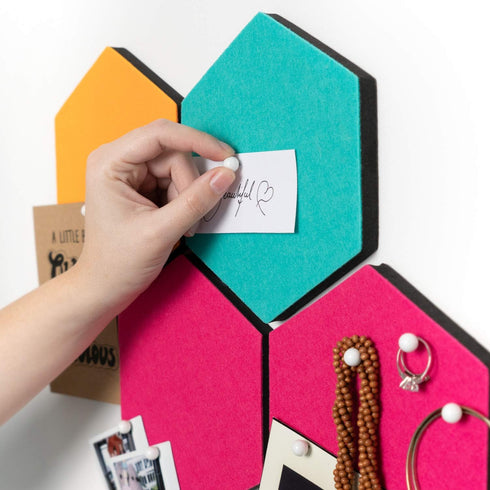 Navaris Hexagon Felt Board Tiles - Set of 6 Notice Memo Bulletin Boards with Push Pins Pack 5.9 x 7 inches (15 x 17.7 cm) - Turquoise, Orange, Pin...