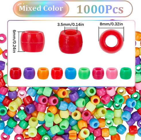 SUNNYCLUE 1000Pcs Mixed Pony Beads Bulk Opaque Pony Beads 6x8mm Plastic Craft Beads Red White Blue Pink Yellow Pony Beads Mixed Color Beads Set fo...