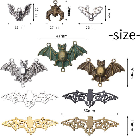 100g (about 30 pieces) Metal Alloy Bat Pendant Charm Mixed Halloween Flittermouse Flying Vampire Connector Charms for Jewelry Making Bracelet Neck...