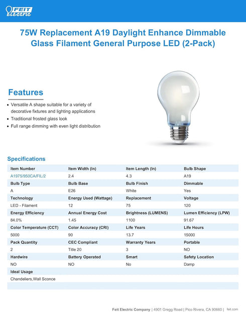 Feit Electric A19 LED Filament Light Bulbs, 75W Equivalent, Dimmable, E26 Standard Base, 1100 Lumens, 5000K Daylight, 13 Years Lifetime, Frosted W...