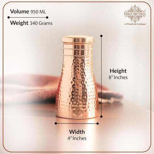 Indian Art Villa Pure Copper Bedroom Water Bottle With Inbuilt Glass & Hammered Shine Design, Drinkware, Storage Purpose, Volume-32 Oz...