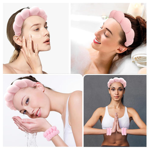 Spa Headband for Washing Face Wristband Sponge Makeup Skincare Headband Terry Cloth Bubble Soft Get Ready Hairband for Women Girl Puffy Padded Hea...