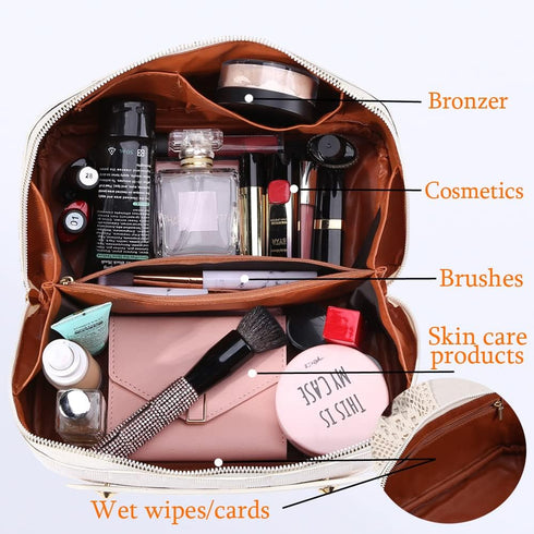 Large Capacity Travel Cosmetic Bag Plaid Checkered Makeup Bag Portable Leather Waterproof Skincare Bag with Handle and Divider for Women...