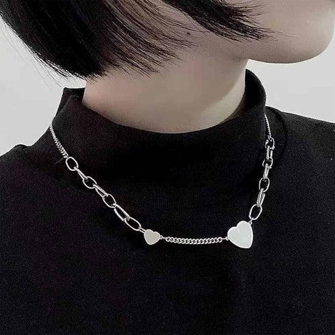 Punk Heart Choker Necklace Silver Paperclip Chain Necklace Minimalist Love Heart Necklace Chain Short Chunky Thick Chain Necklace Unbalanced Neckl...