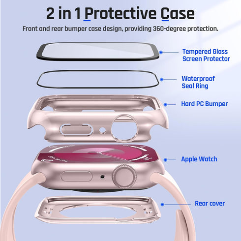 Goton 2 in 1 Waterproof Case for Apple Watch Series 9 8 7 41mm Screen Protector, 360 Protective Glass Face Cover Hard PC Bumper + Back Frame for i...