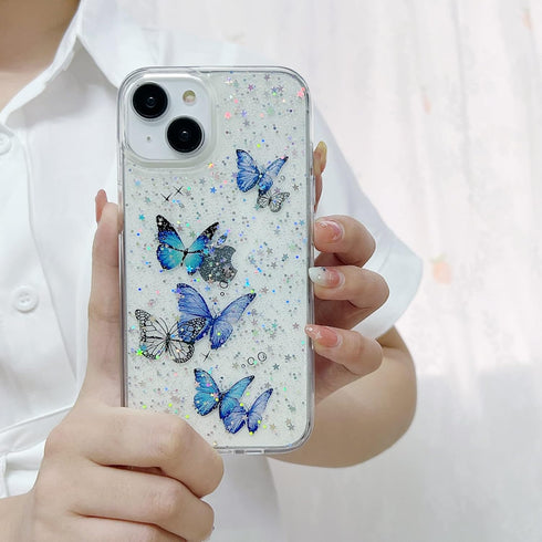 Compatible iPhone 14 Plus Case Clear Women Girls Flexible TPU Purple Butterfly Stars Sparkle Glitter Anti-Scratch Shockproof Protective Phone Cove...