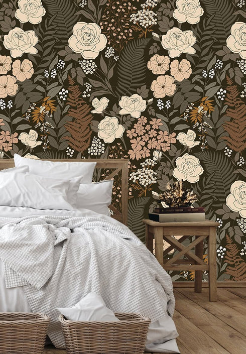 HAOKHOME 93276 Peel and Stick Wallpaper Floral Vintage Removable Rose Leaf Black/Brown/Beige Stick on Mural 17.7in x 6.6ft...