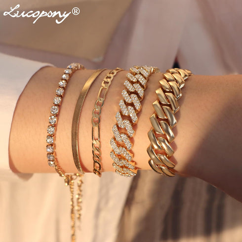Gold Bracelets for Women, 14K Gold Plated Bracelets Sets for Women, 13mm/14mm Cuban Chain Bracelet Layered Link Chain Bracelets Pack Jewelry Full ...