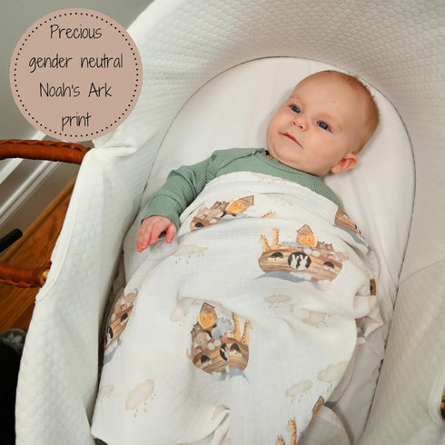 Muslin Swaddle Blanket | 100% Muslin Cotton | Gender Neutral Newborn and Baby Nursery Essentials for Girls and Boys, Registry | Noah's Ark Print...