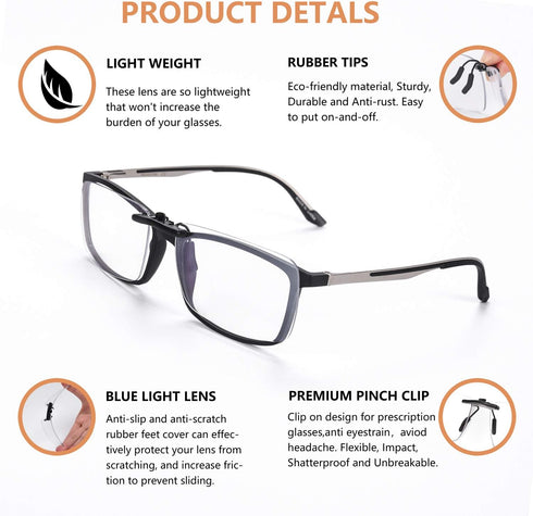 FONHCOO Clip-on Blue Light Blocking Glasses Night Driving Sunglasses 2 Pack Lens over Prescription Glasses for Women Men (2 Pack Transparent Blue ...