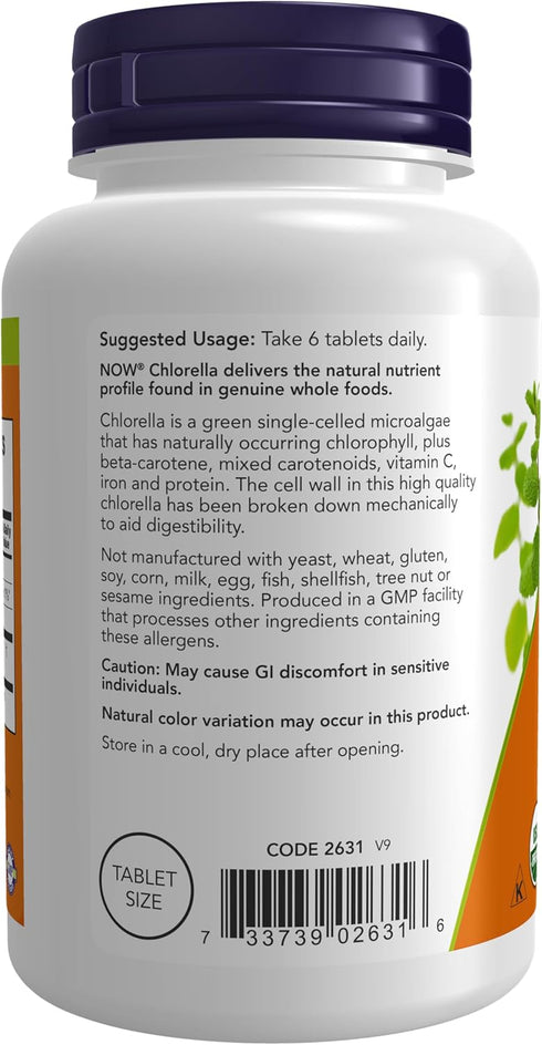 NOW Supplements, Organic Chlorella 500 mg with naturally occurring Chlorophyll, Beta-Carotene, mixed Carotenoids, Vitamin C, Iron and Protein, 200...