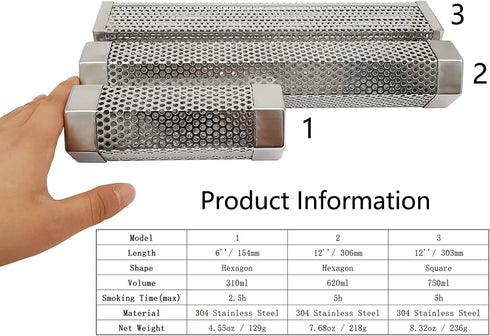 Smoker Smoke Tube Box for Pellets Grill, 304 Stainless Steel BBQ Cold Smoker Generator Tube, 2.5 Hours of Billowing Hot or Cold Smoking - 6" Hexag...