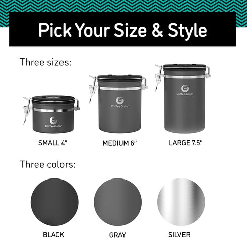 Coffee Gator Coffee Canister - 22oz, Airtight Stainless Steel Kitchen Food Storage Container with Date Tracker, Scoop for Grounds Coffee Bar Acces...