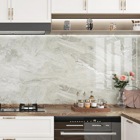 Shiny Beige Marble Contact Paper Peel and Stick Countertops Waterproof Marble Wallpaper Glossy Self Adhesive Gold Granite Contact Paper for Kitche...