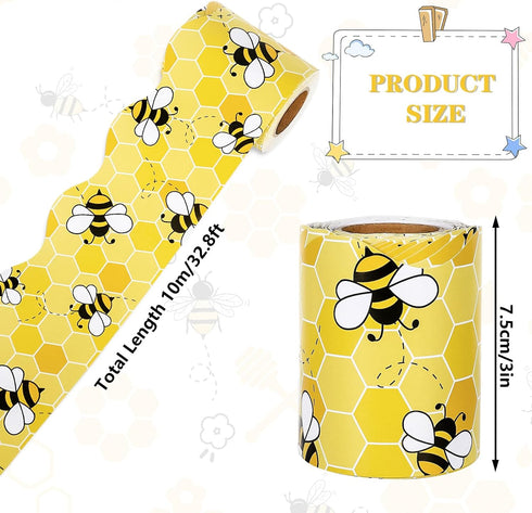 Whaline 32.8Ft Summer Bee Bulletin Board Border Yellow Bee Honeycomb Die Cut Trim Border Roll for Summer Bee Day Home Party Supplies...