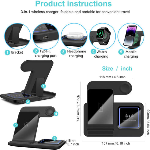 Wireless Charger 3 in 1 Wireless Charging Station for Multiple Devices 15W Fast Charging Stand for iPhone 15 14 Pro Max 13 12 11 XS XR 8 Plus, Air...