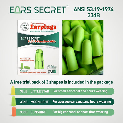 EARS SECRET Foam Ear Plugs for Sleeping, 25+3 Pairs Earplugs 38dB Comfortable Ear Plugs for Sleeping Noise Cancelling, Travel, Snoring, Concert, L...