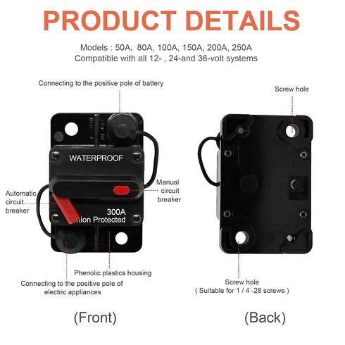 300 Amp Circuit Breaker with Manual Reset for Car Marine Trolling Motors Boat ATV Manual Power Protect for Audio System Fuse, 12V-48VDC, Waterproo...