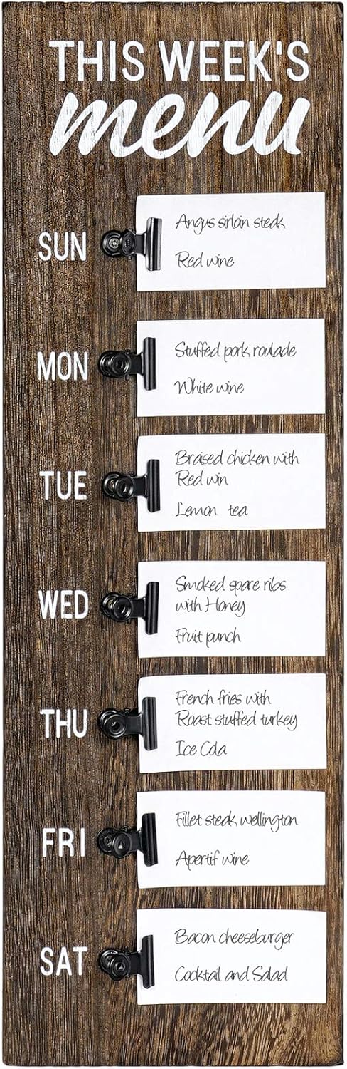 Dahey Menu Board for Kitchen Weekly Meal Planner Rustic Wood Board with Clips, Farmhouse Signs Wall Decor, Magnetic Chalkboard Display Fridge Deco...
