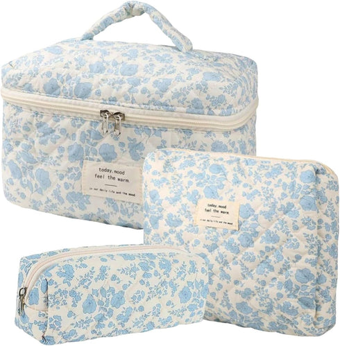 3 Pcs Cotton Quilted Makeup Bag Set,Floral Makeup Bag,Cute Makeup Bag,Travel Makeup Bag,Large Toiletry Cosmetic Bag Makeup Bag Organizer for Women...