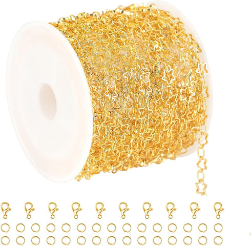 KYUNHOO 5 Meters Necklace Chains for Jewelry Making Hollow Star Link Chain on Spool 18K Gold Plated Jewelry Chain Roll with Lobster Clasps Jump Ri...