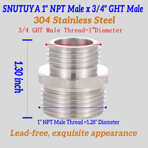 1'' NPT Male to 3/4'' GHT Male Connector?Lead-free,304 Stainless Steel Garden Hose Adapter,GHT to NPT Adapter Fitting,Garden Hose to Pipe Fittings...