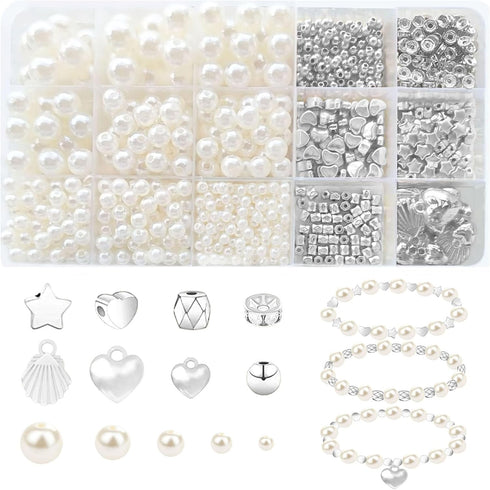 1000Pcs Pearl Beads for Bracelets Making, Pearl Beads for Jewelry Making for Adults, Silver Bracelet Beads DIY Kit, Silver Spacer Beads for Bracel...