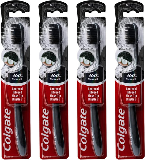 Colgate 360 Charcoal Infused Toothbrush, Floss-Tip Bristles, Soft (Colors Vary) - Pack of 4...
